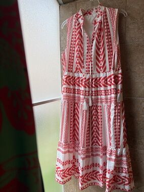 Geometric Red and White Midi Dress Split Neck Sleeveless Tiered Sundress Pockets